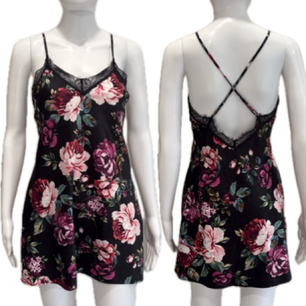 In Bloom By Jonquil Floral Satin Chemise Size XS Lace Trim Lingerie Slipdress